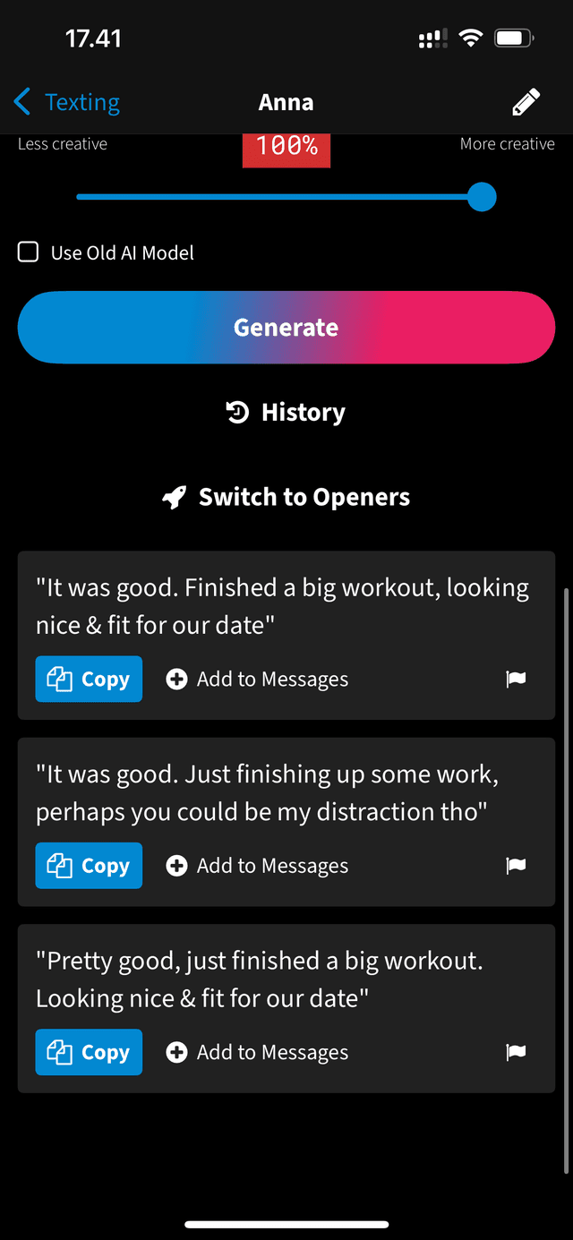 FireTexts generated response options you can copy or add to messages