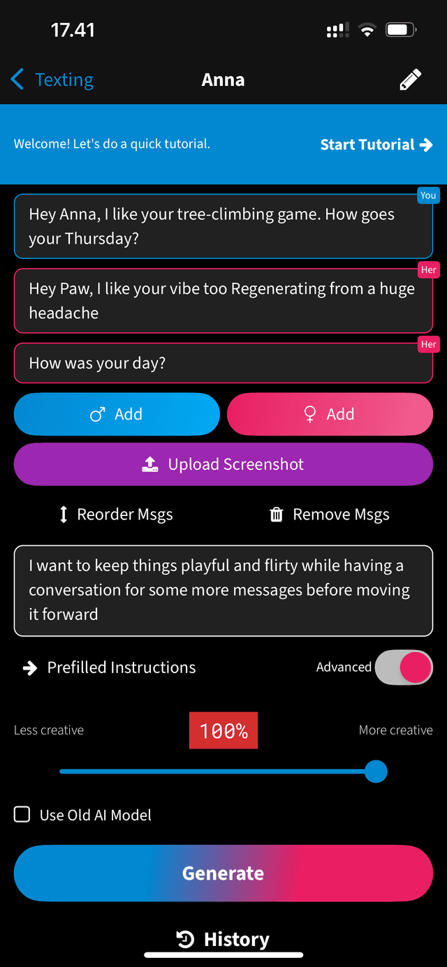 FireTexts texting interface showing a conversation with instructions and creativity slider