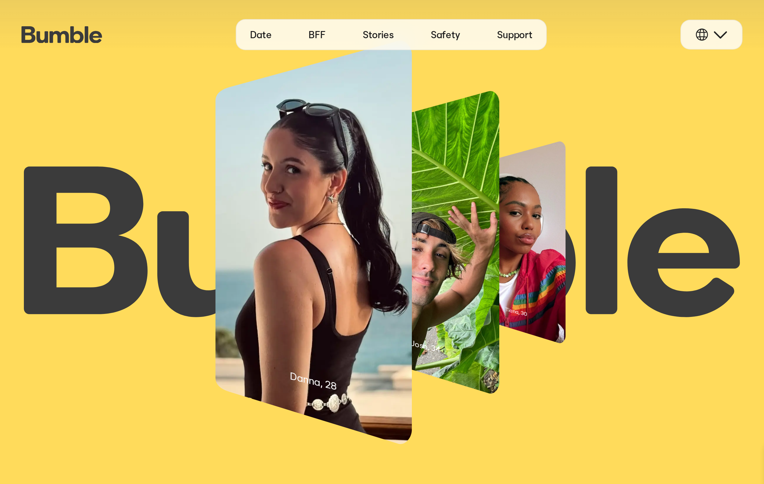 Bumble homepage with the wordmark spelled out in giant letters behind three overlapping profile cards showing Danna, 28, Josh, 34, and Tiana, 30