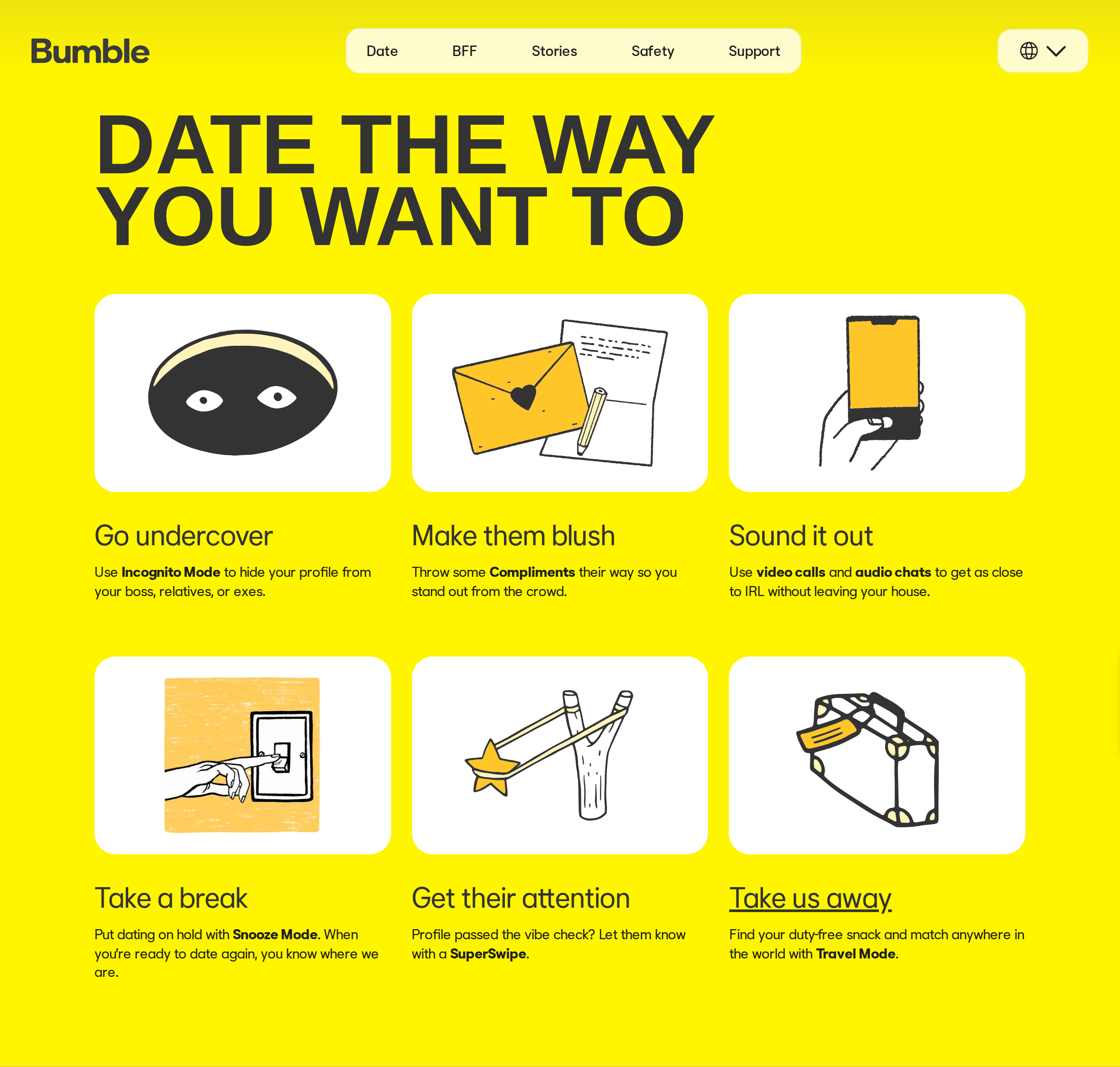 Bumble feature grid headed Date the way you want to, with cards for Incognito Mode, Compliments, video calls and audio chats, Snooze Mode, SuperSwipe and Travel Mode