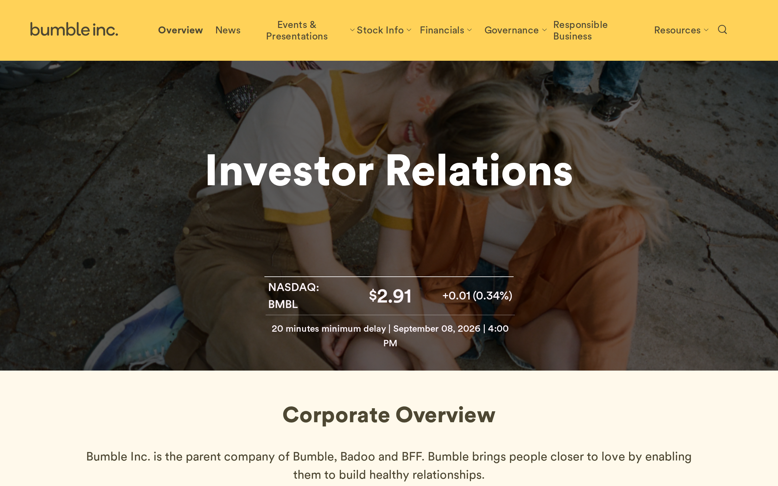 Bumble Inc. investor relations homepage showing the NASDAQ ticker BMBL at 2.91 dollars and a corporate overview describing Bumble Inc. as the parent company of Bumble, Badoo and BFF