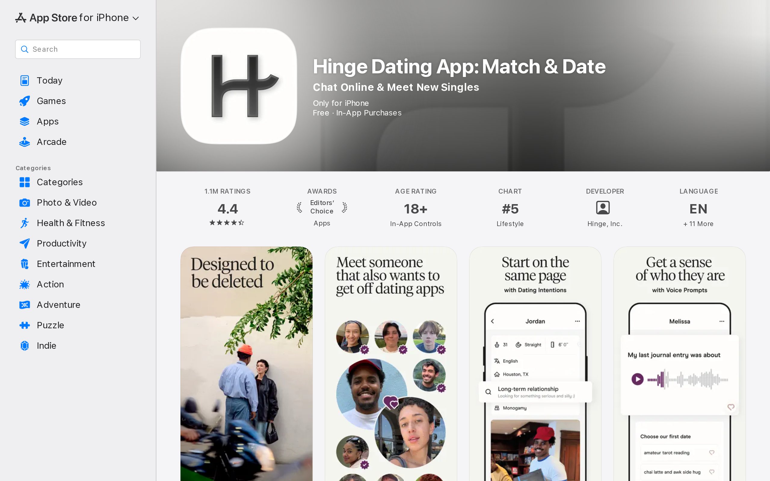 Hinge Dating App listing on the App Store showing a 4.4 star rating from 1.1M ratings, an Editors Choice award badge and preview screenshots of the in-app profile with Dating Intentions and Voice Prompts
