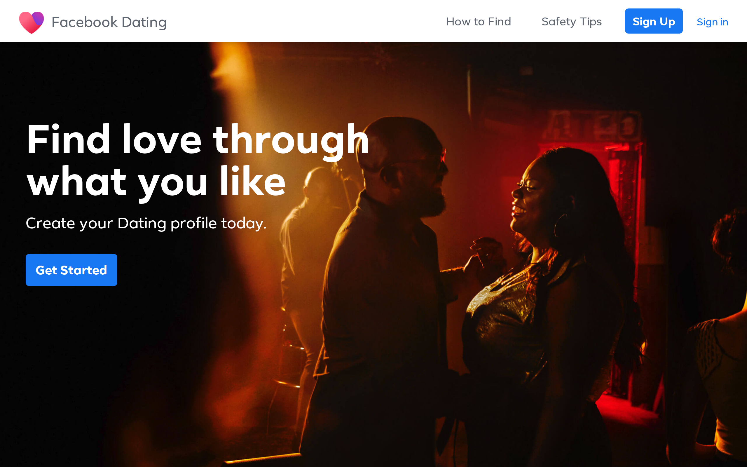 Facebook Dating landing page with a Get Started button and no pricing or premium tier anywhere on it