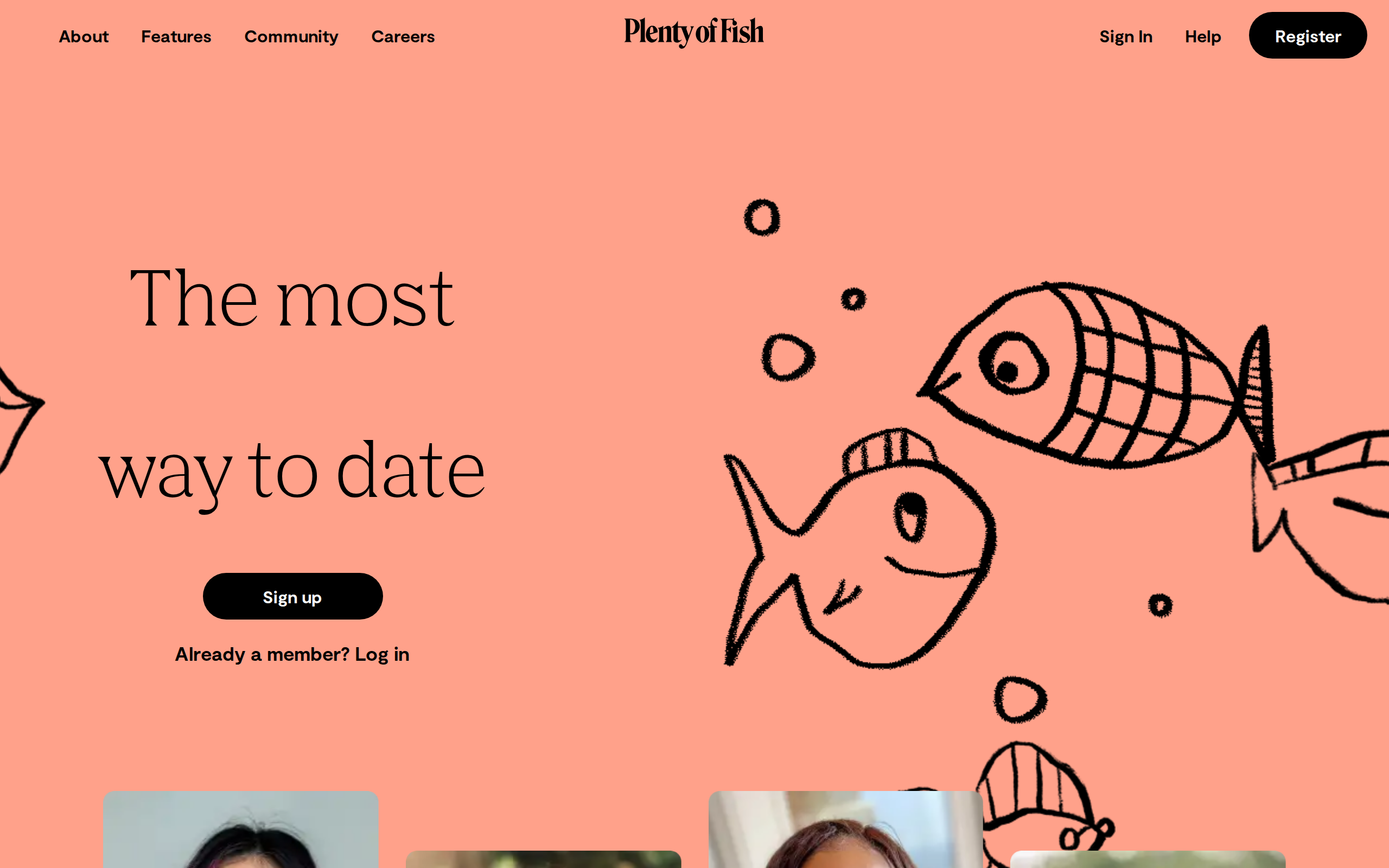 Plenty of Fish homepage with a sign up button and no paywall between you and the messaging feature
