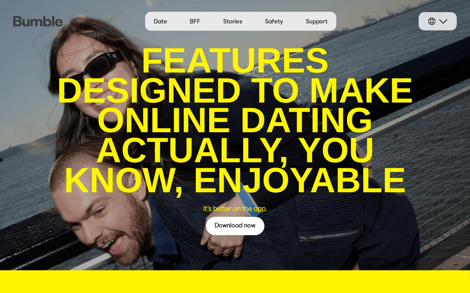 Bumble features page with the headline Features designed to make online dating actually, you know, enjoyable and a Download now button