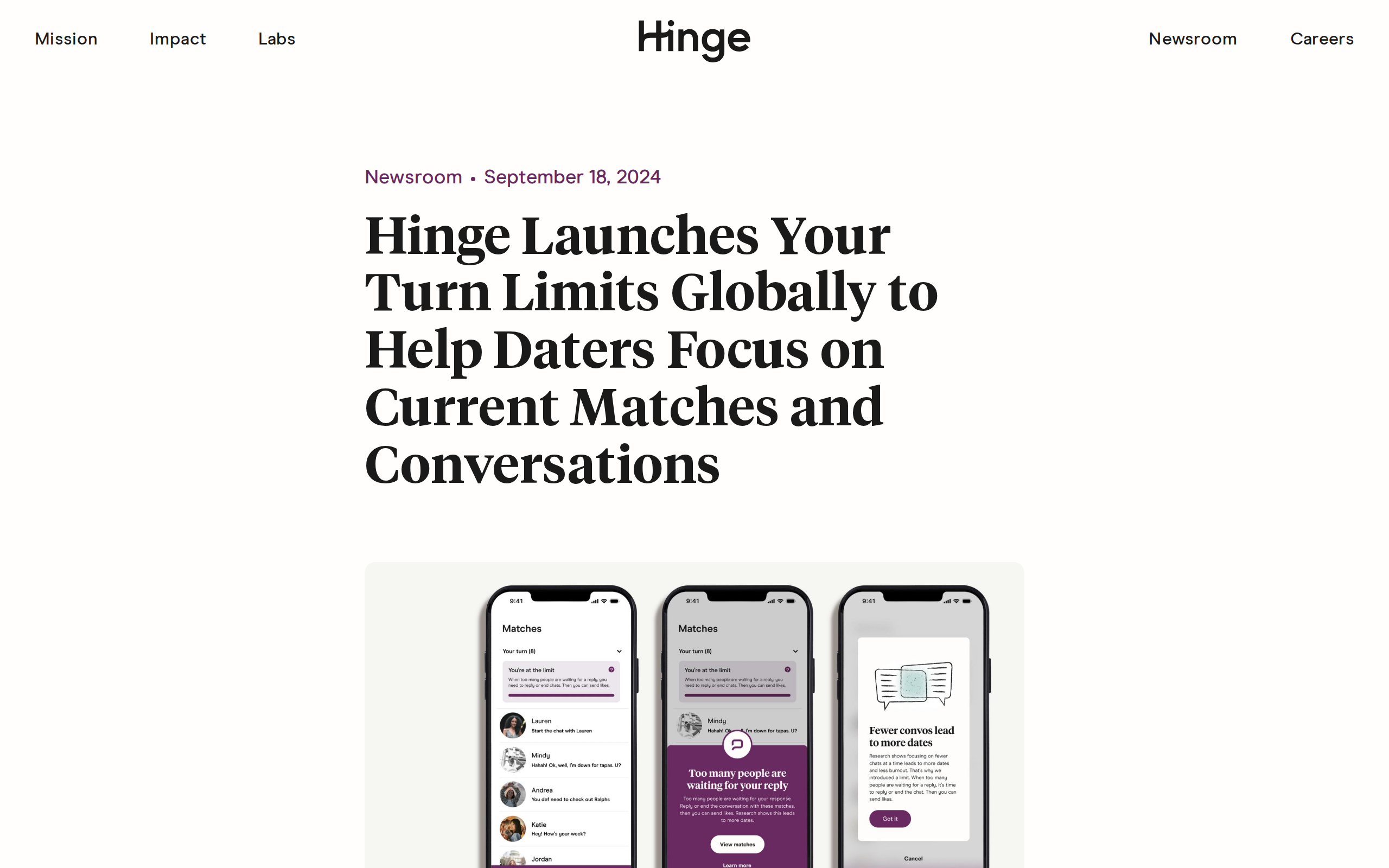 Hinge newsroom announcement titled Hinge Launches Your Turn Limits Globally, with app screens showing a Your turn (8) counter and a You're at the limit notice