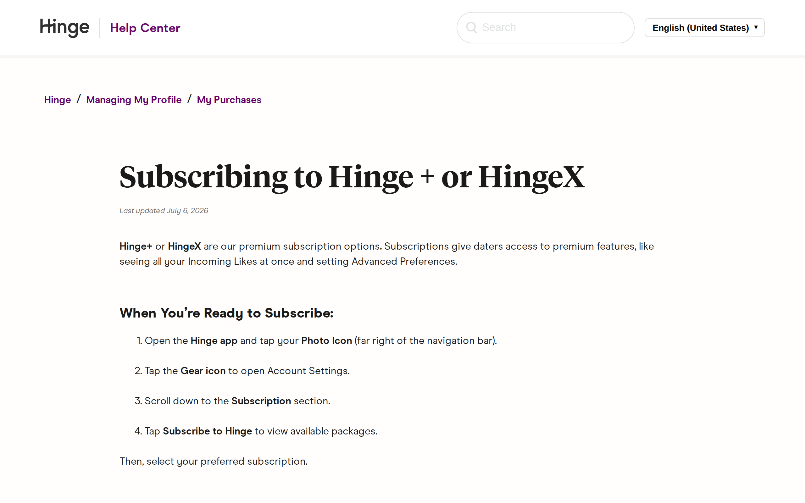 Hinge Help Center page titled Subscribing to Hinge + or HingeX, last updated July 6, 2026, listing four steps: open the Hinge app and tap your photo icon, tap the gear icon to open account settings, scroll to the Subscription section, and tap Subscribe to Hinge to view available packages