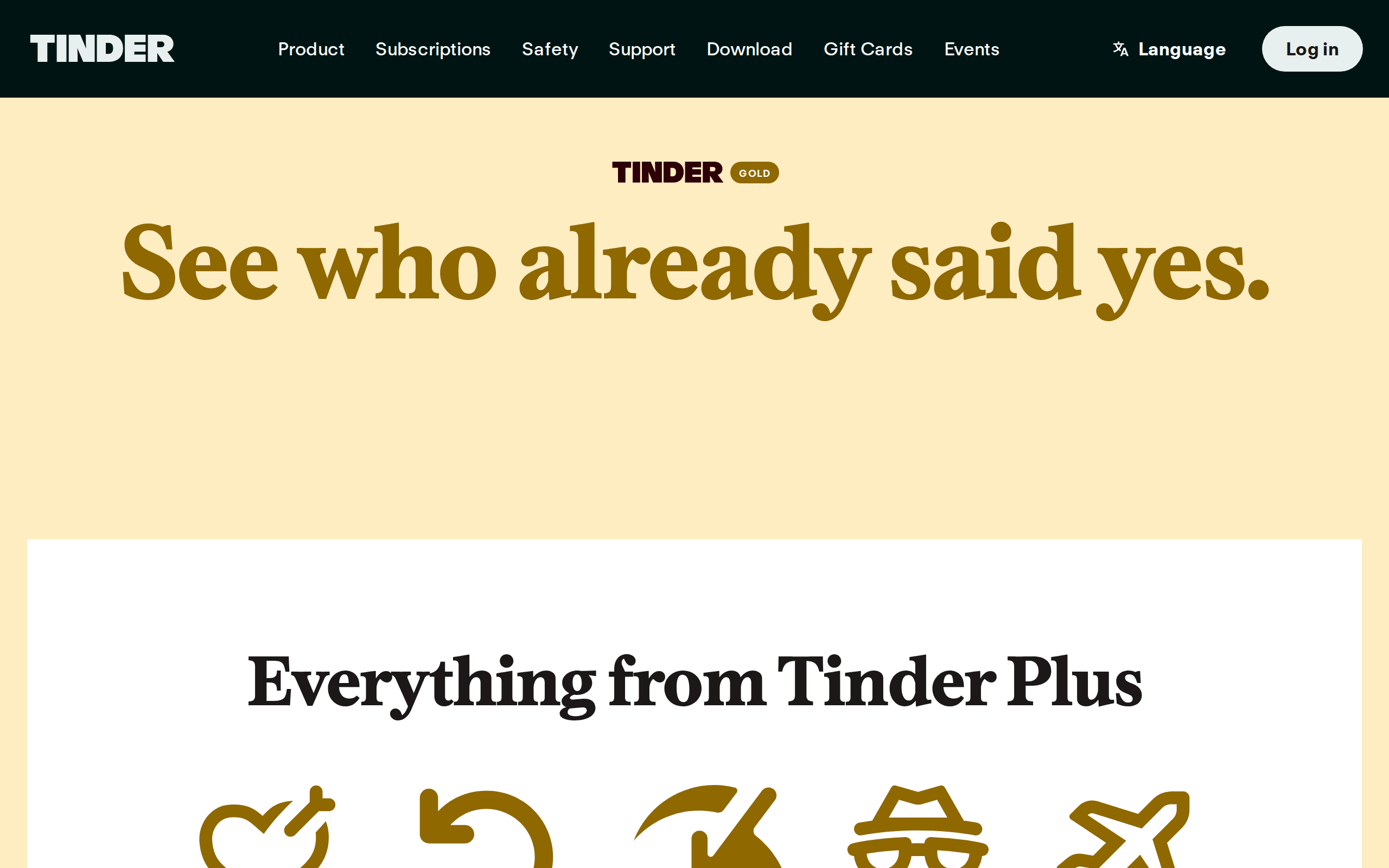 Cream-coloured Tinder Gold page with the Tinder Gold logo above a large headline reading See who already said yes