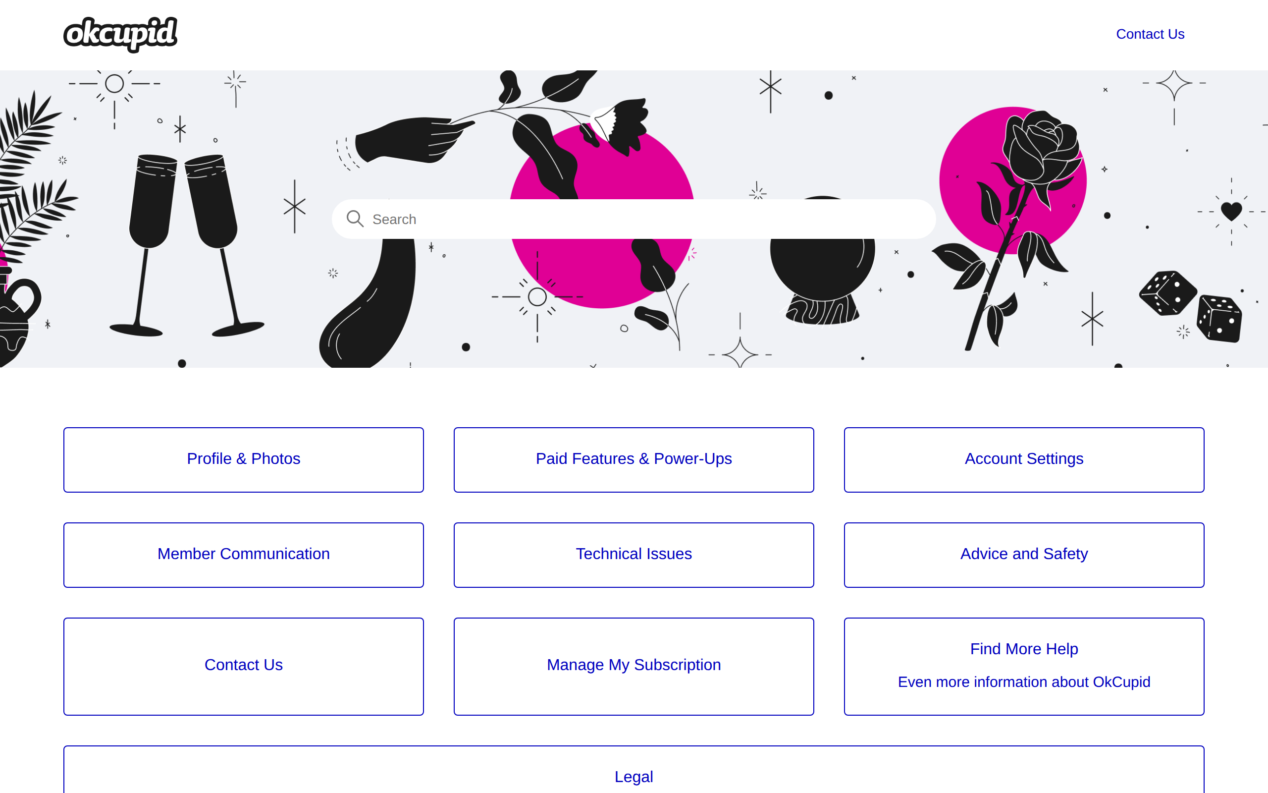 OkCupid help center home page with categories for profile and photos, paid features and power-ups, and account settings.