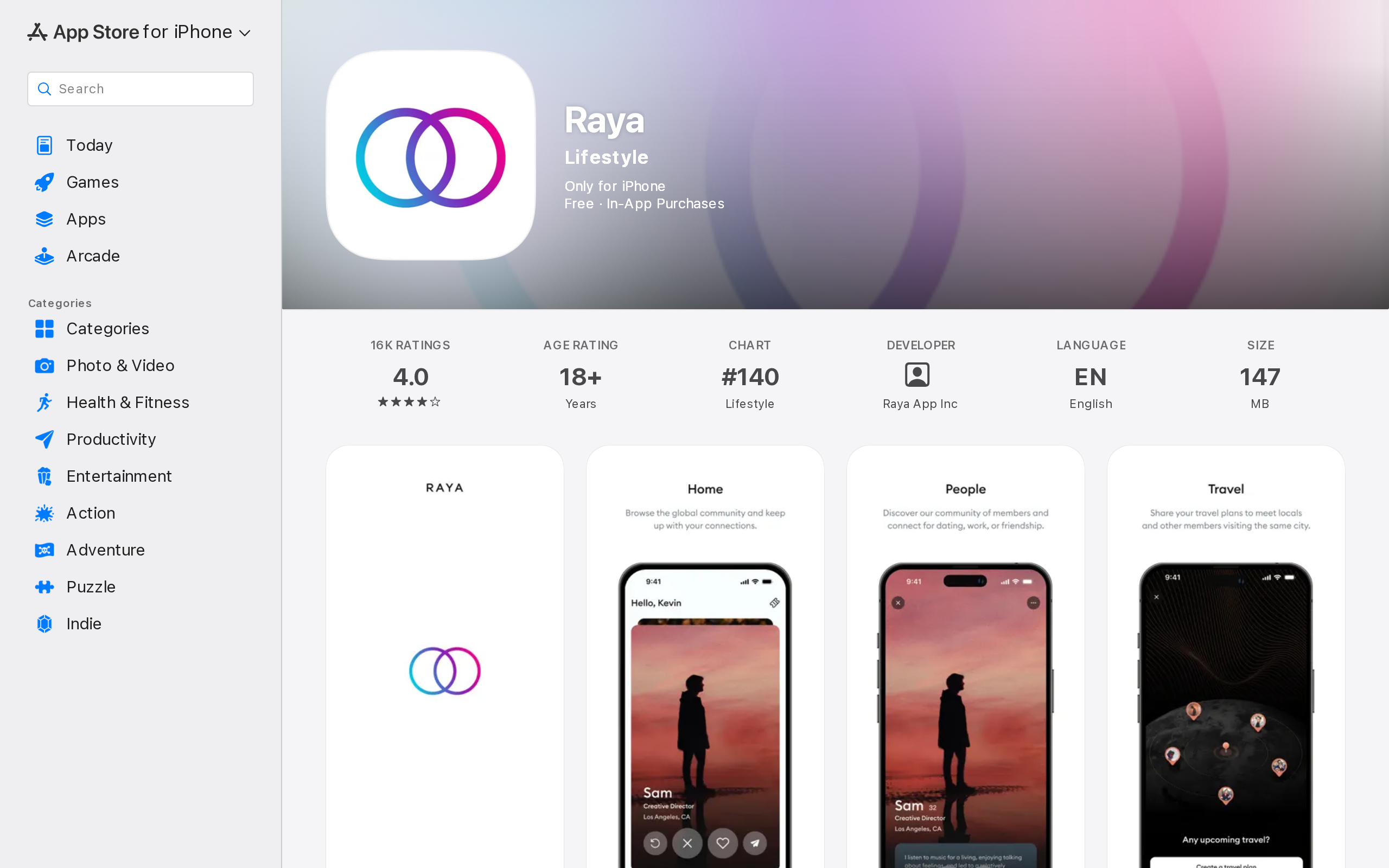 Raya listing on the Apple App Store, showing a 4.0 rating from 16 thousand ratings, an 18+ age rating, iPhone only availability, and free to download with in-app purchases