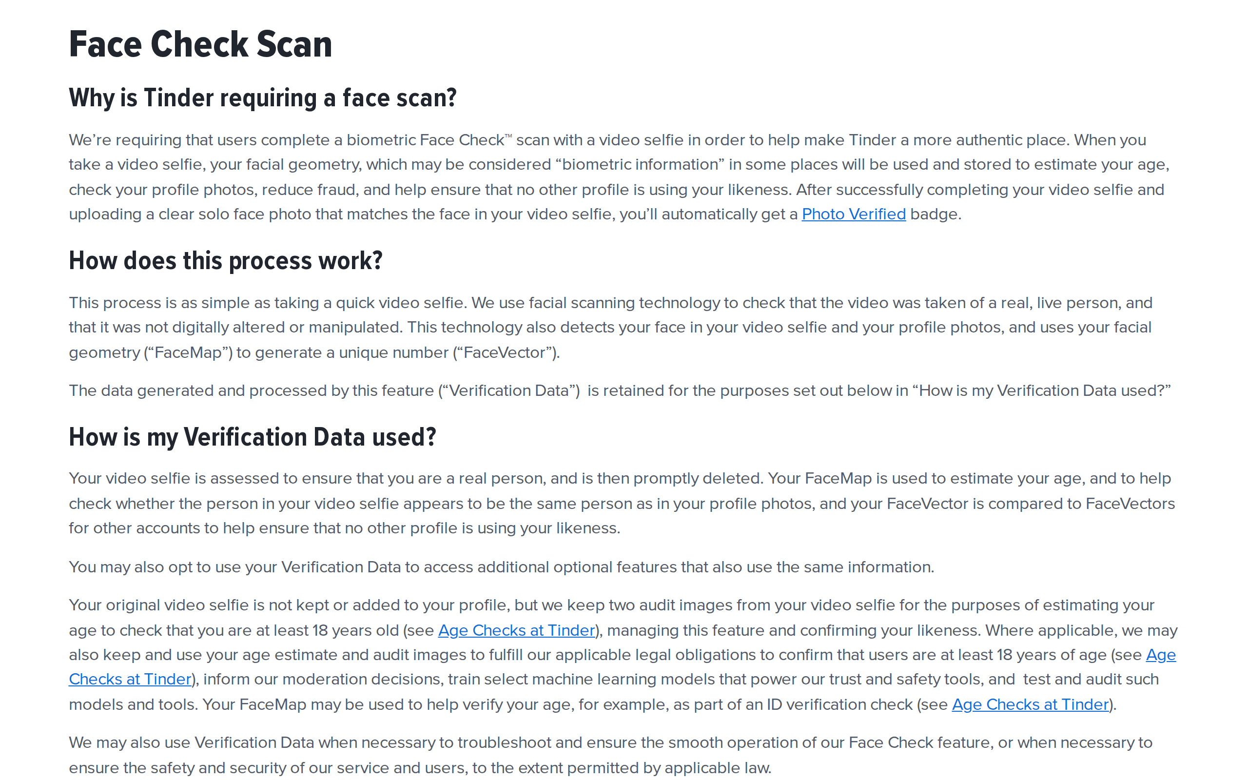 Tinder Face Check Scan policy page explaining why a face scan is required, how the video selfie generates a FaceMap and FaceVector, and how that verification data is used
