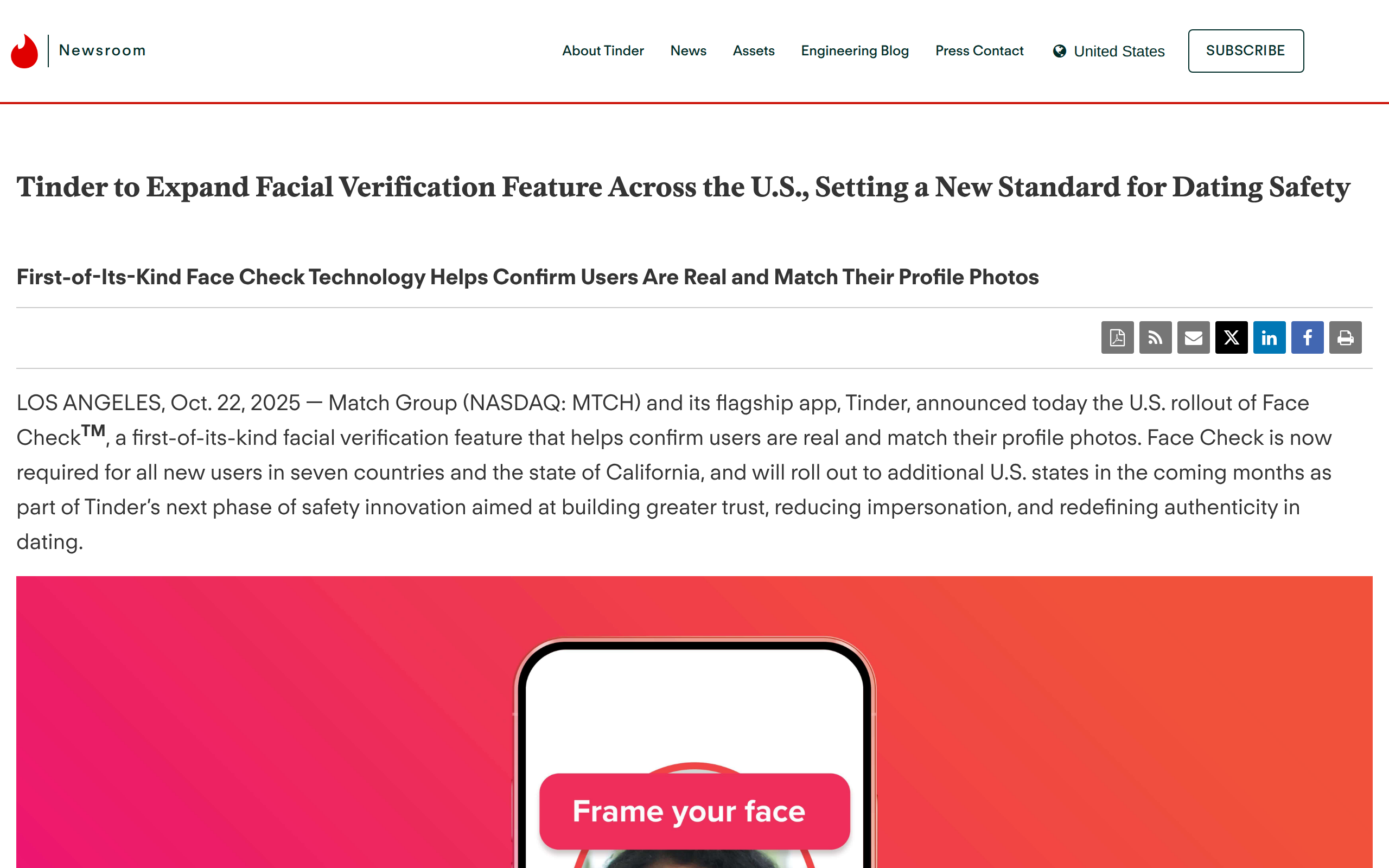 Tinder newsroom press release headlined Tinder to Expand Facial Verification Feature Across the U.S., Setting a New Standard for Dating Safety, dated Oct 22 2025, with a phone mockup showing a Frame your face selfie prompt